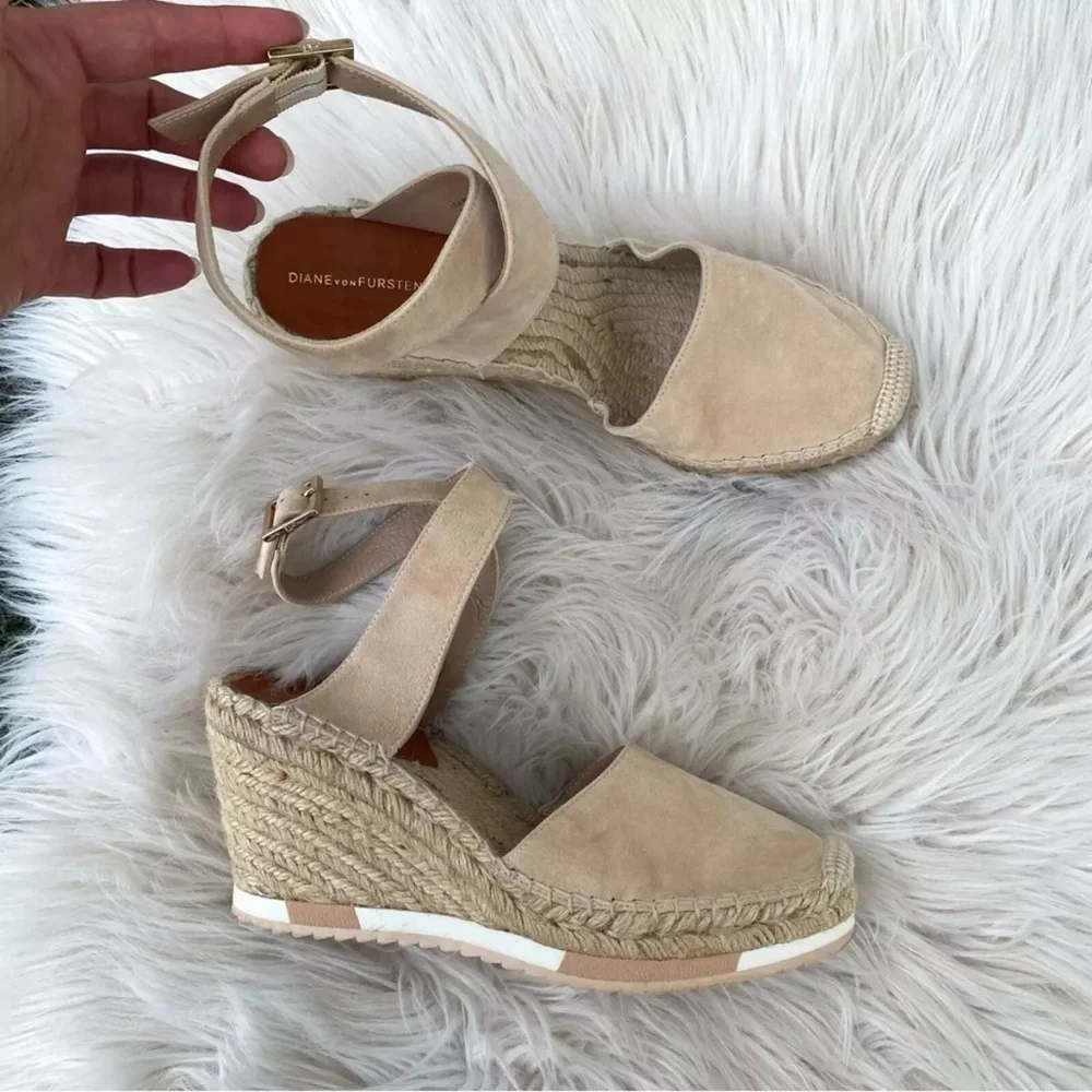 DIANE von FURSTENBERG Palermo Suede Wedge Espadrilles Ankle Wrap Strap Size 7M✌️